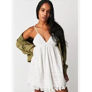 Free People Lillia White Eyelet Lace Sleeveless Babydoll Mini Dress Size M